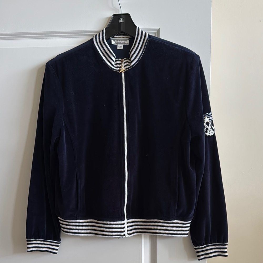 St. John Sport by Marie Gray Navy Varsity Jacket with Striped Trim